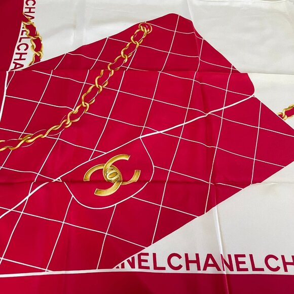 Chanel Vintage Scarf – Red Silk with Signature Flap Bag Print & Quilted Design - Picture 8 of 11